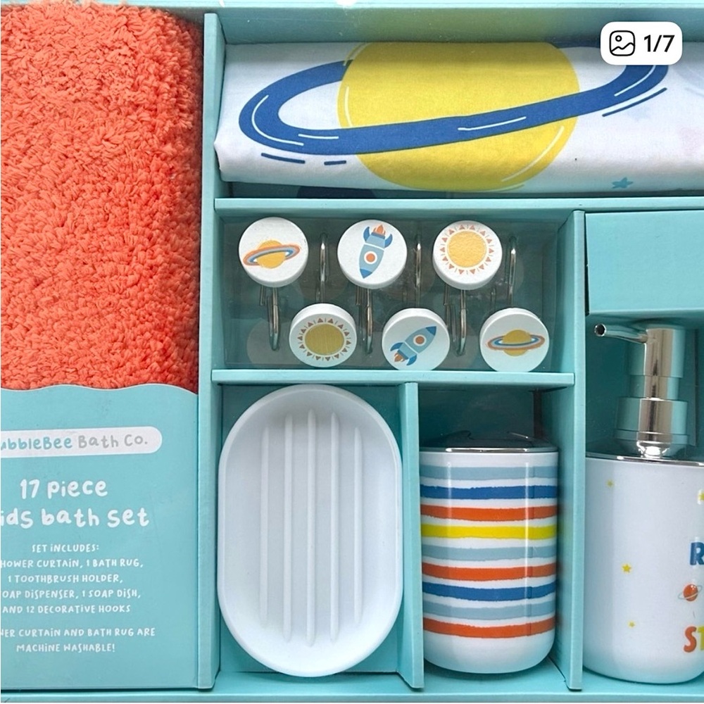BubbleBee 17 Piece Kids Space Bath Set Shower Curtain Rug Accessories